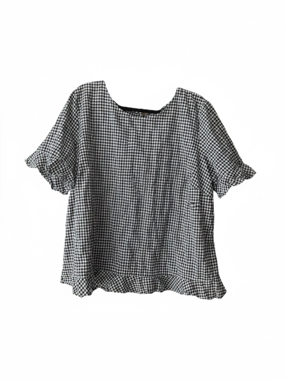 Black White Gingham Ruffle Hem and Sleeve Button Up Back Top Cottagecore